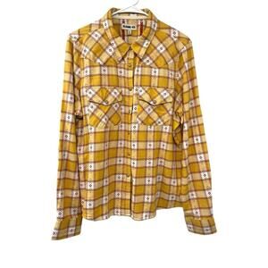 Rank 45 Women's Western Long Sleeve Shirt Pearl Snap Front Plaid Yellow size XL